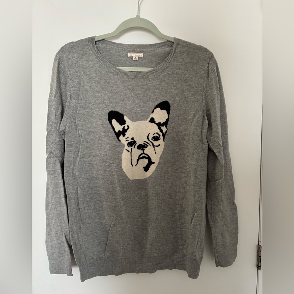 GAP Gray Knit Sweater with Cream & Black French Bulldog Motif Medium